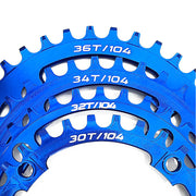 Blue bicycle chainring with multiple tooth counts on a white background