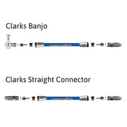 a diagram showing clarks aluminium banjo and straight connector fittings for kevlar hydraulic hose on a white background