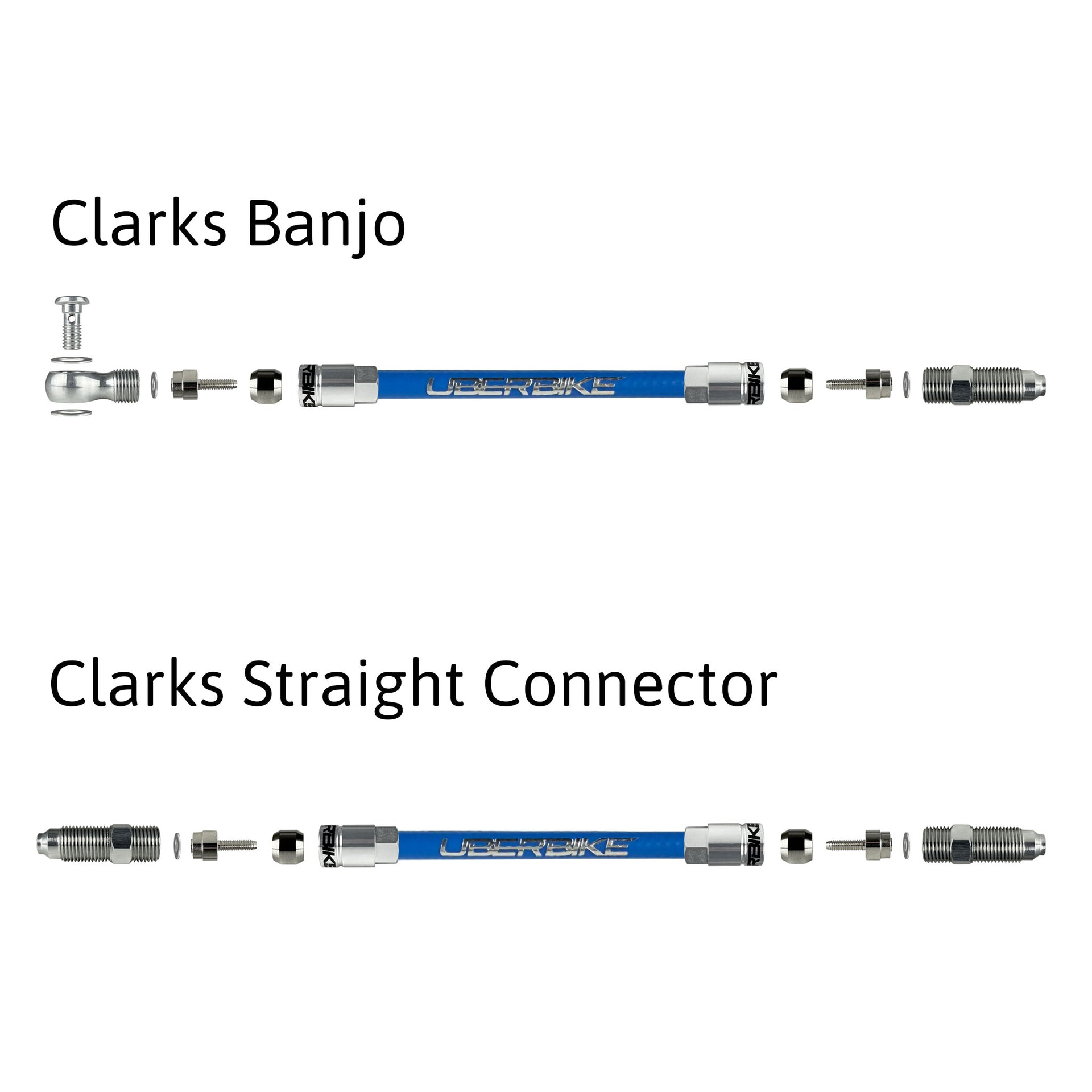 a diagram showing clarks aluminium banjo and straight connector fittings for kevlar hydraulic hose on a white background