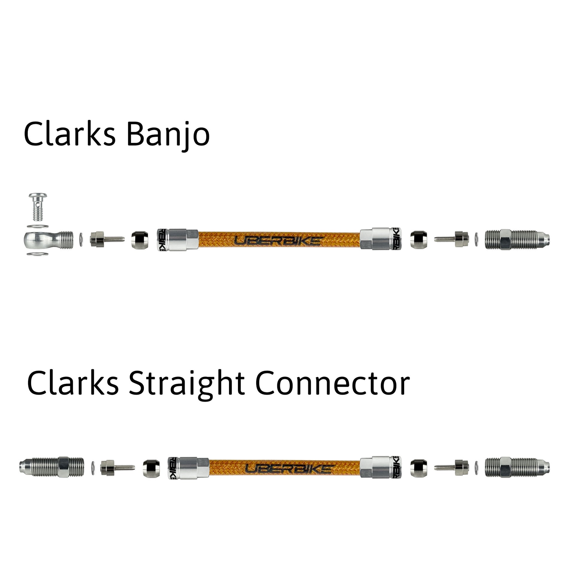 a diagram showing clarks aluminium banjo and straight connector fittings for kevlar braid hydraulic hose on a white background