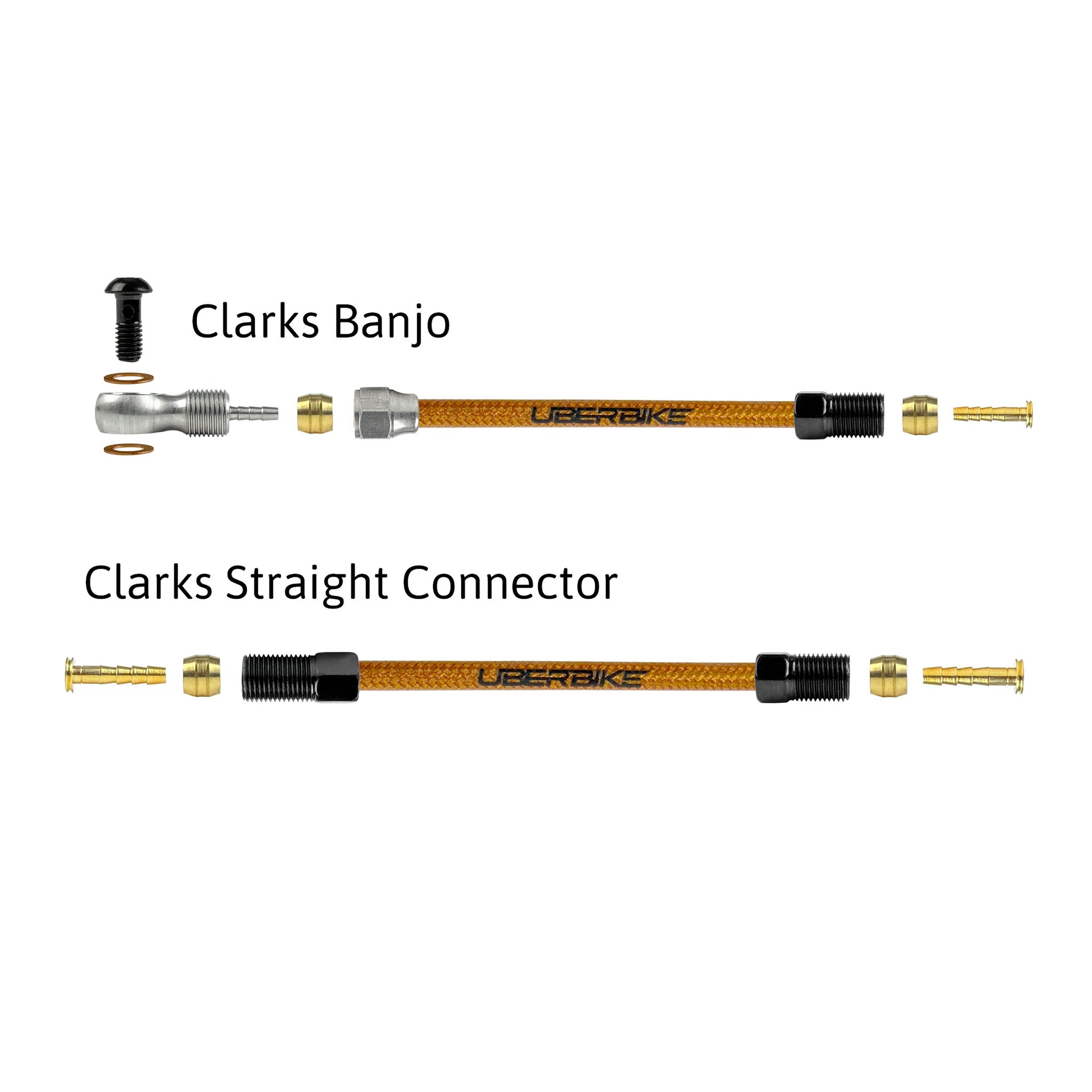 a diagram showing all the brake fittings for clarks kevlar braid hydraulic brake hose kits on a white background