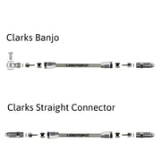a diagram showing clarks aluminium banjo and straight connector fittings for stainless braid hydraulic hose on a white background