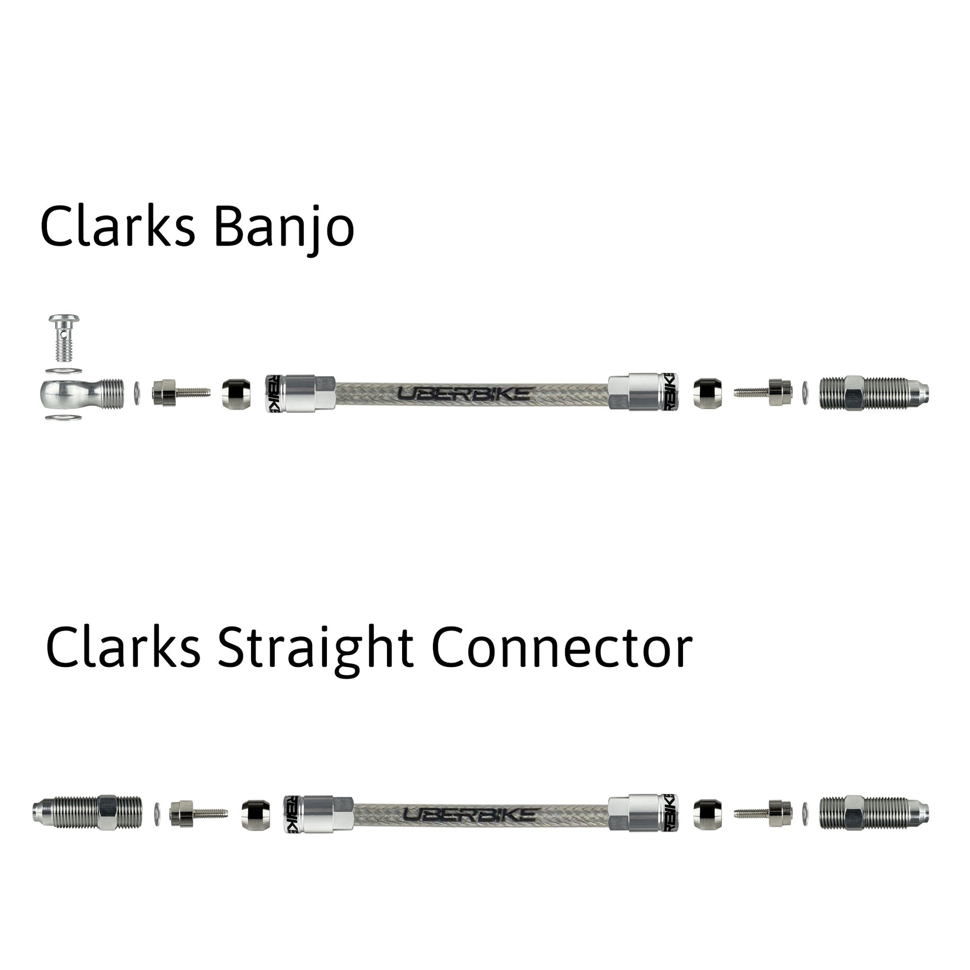 a diagram showing clarks aluminium banjo and straight connector fittings for stainless braid hydraulic hose on a white background