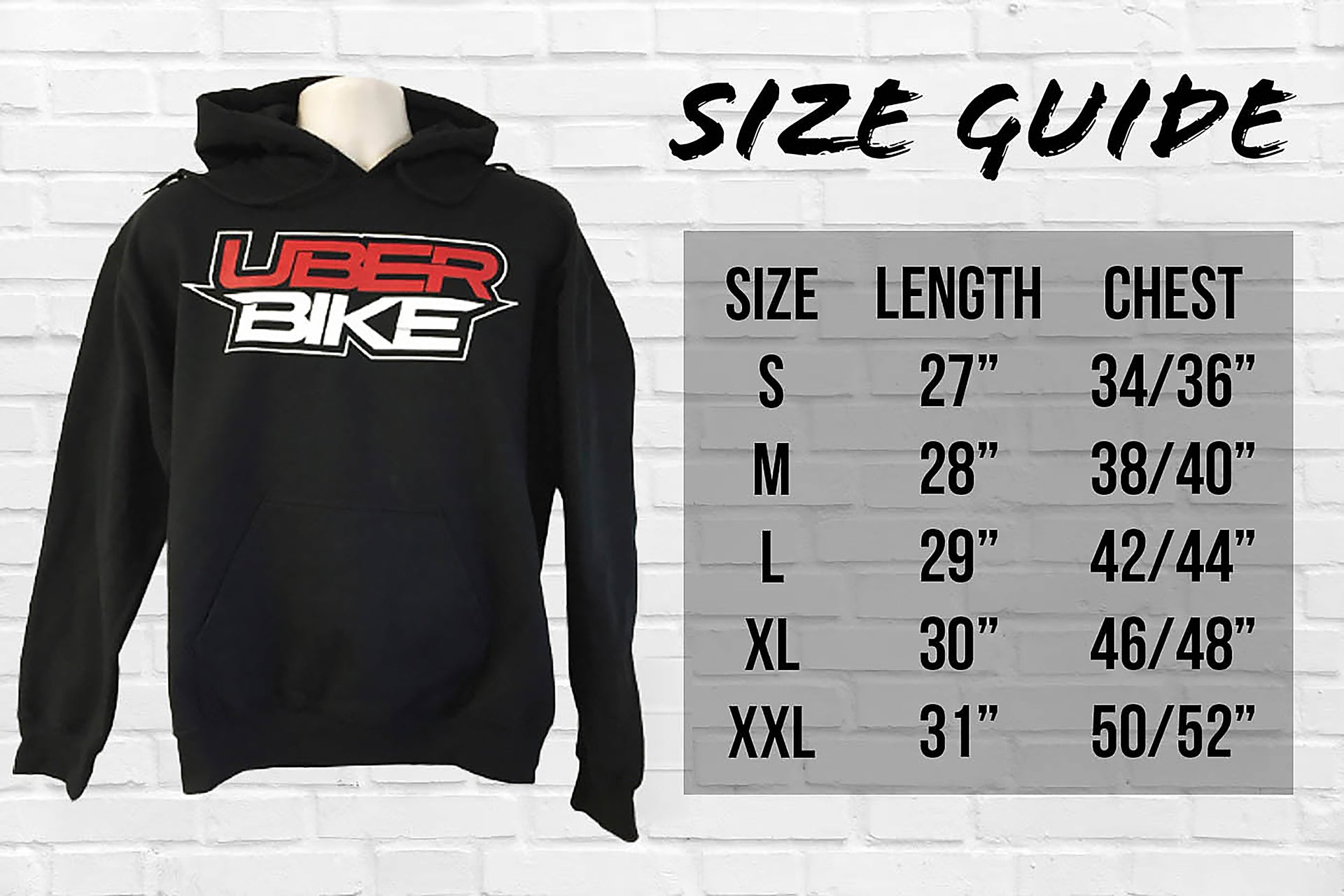 a clothing guide size and measurements for an Uberbike branded hoodie, on a grey background