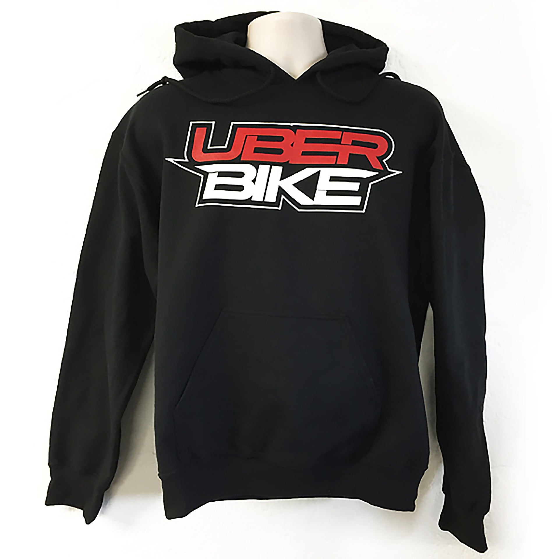 Uberbike stack logo on a black hoodie, on a white background