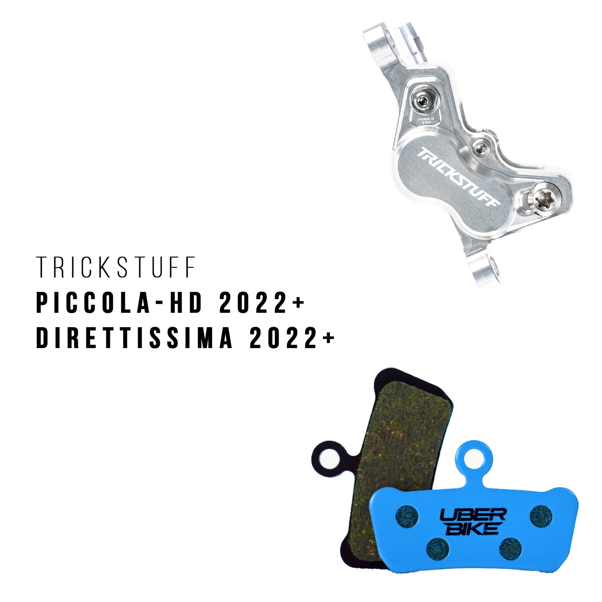 Trickstuff Direttissima 2022+ brake caliper with 'UberBike' branded brake pads on a white background