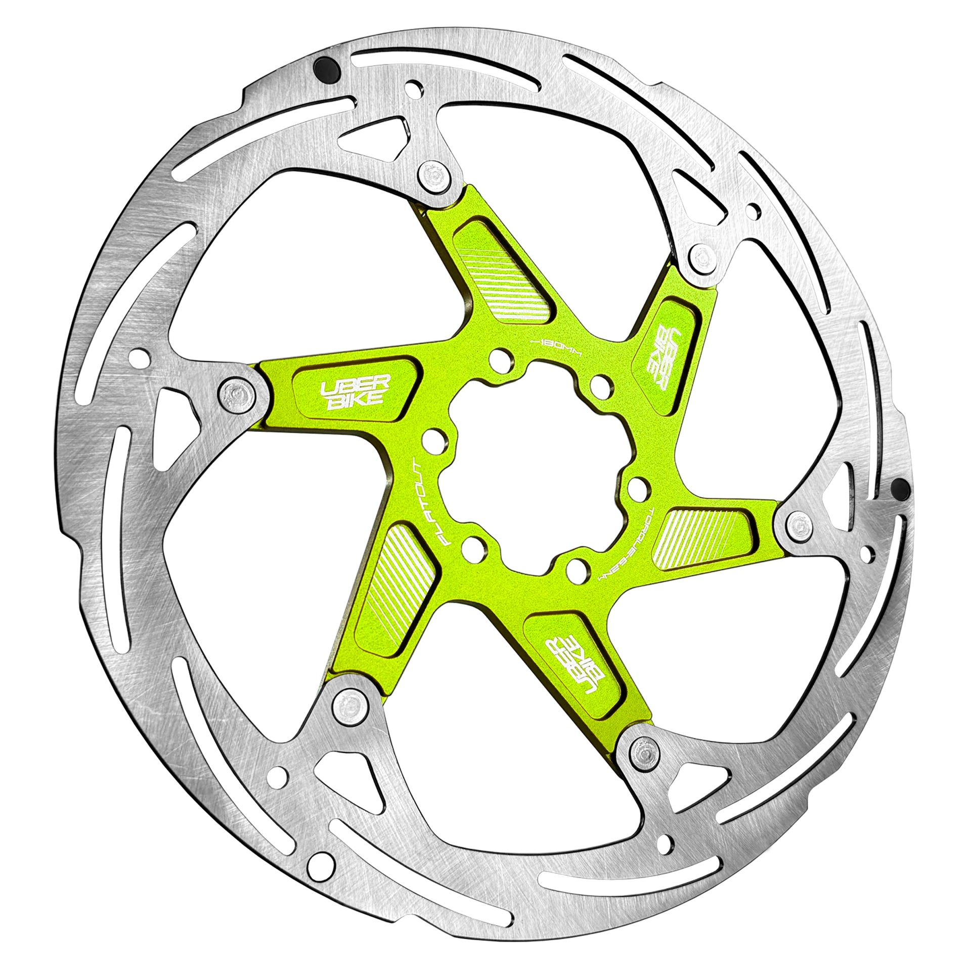 Green disc brake rotor with Uberbike branding on a white background