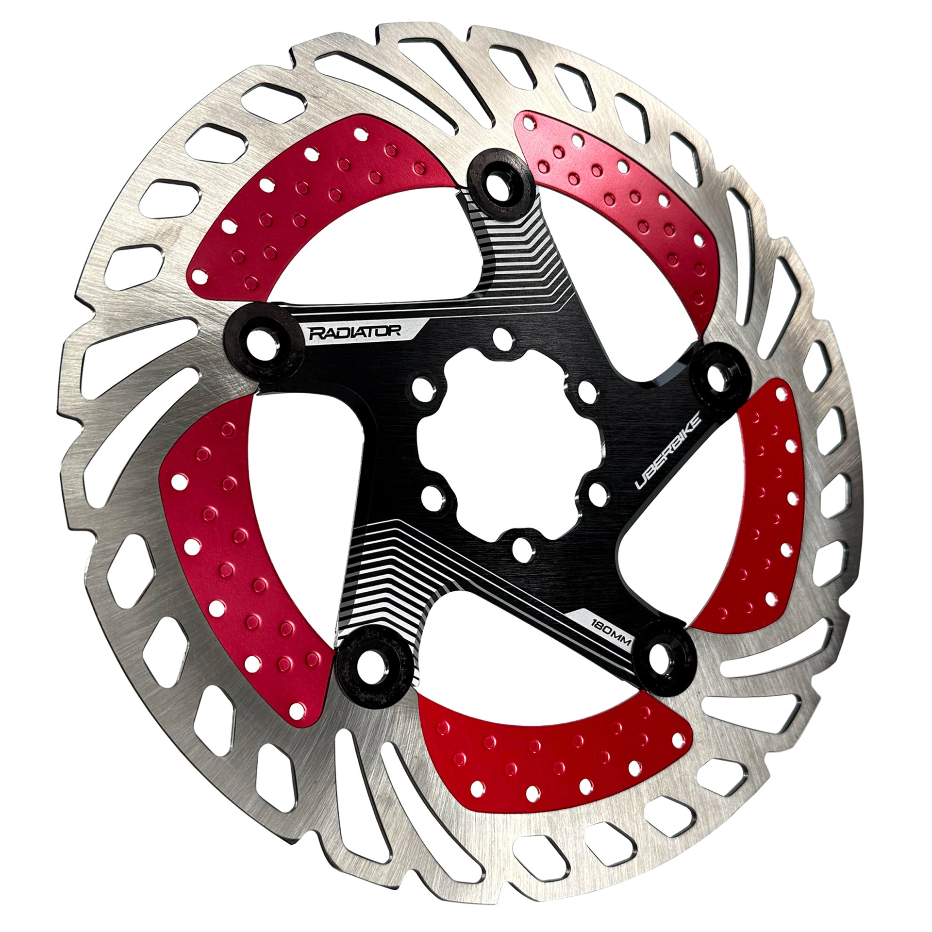 red disc brake rotor in 180mm with Uberbike branding on a white background