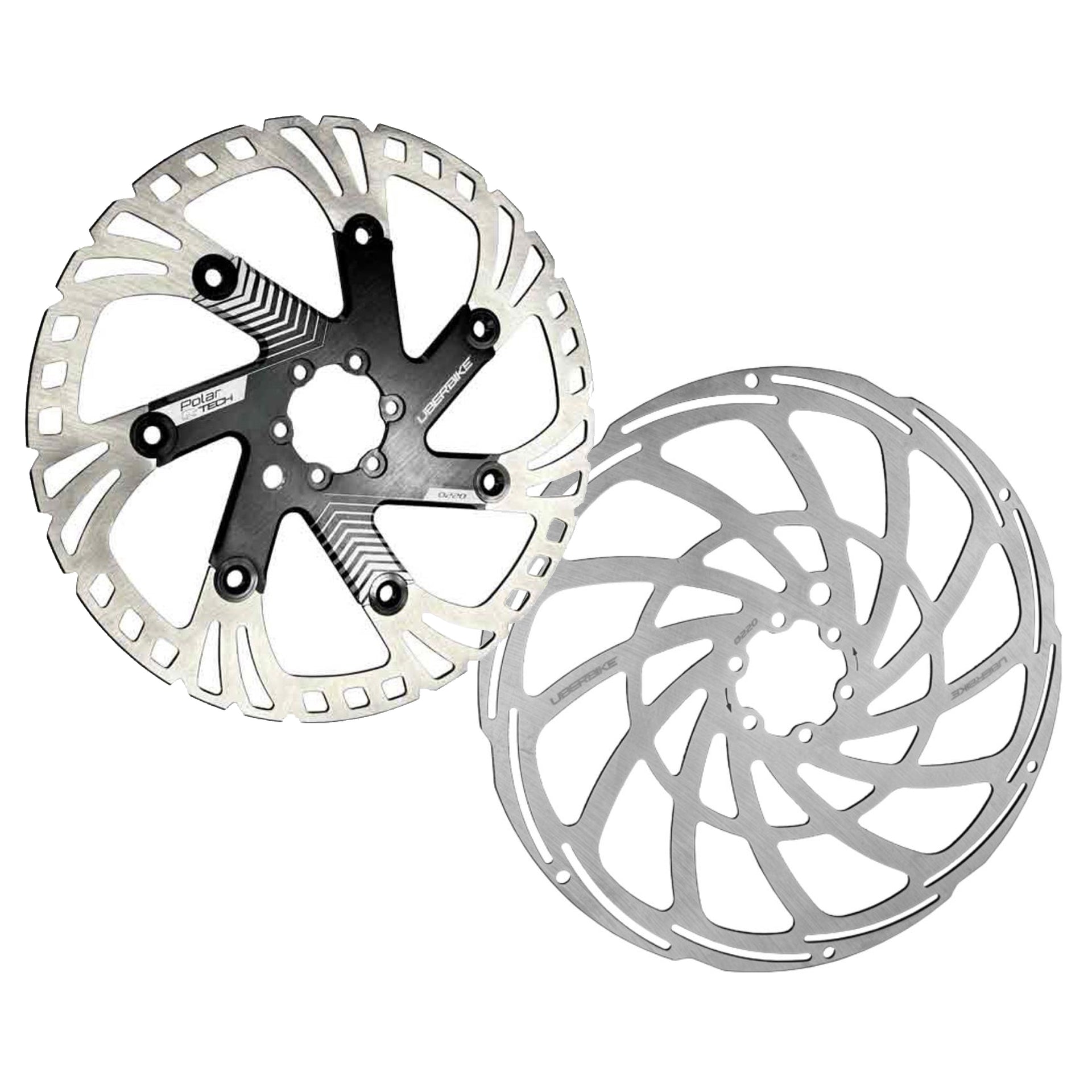 Two 220mm disc brake rotors on a white background