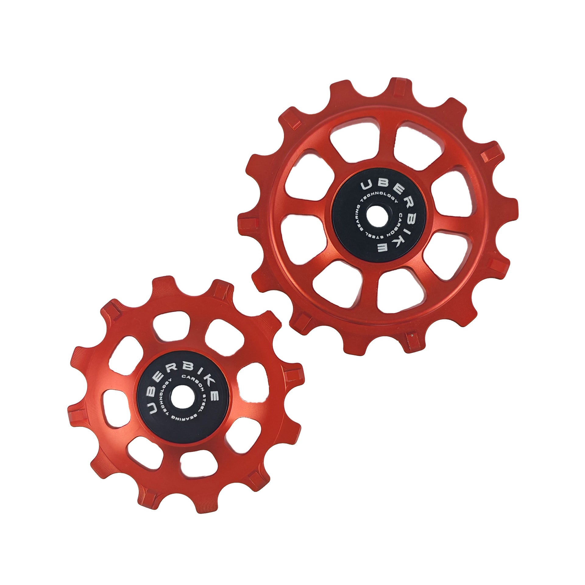 orange 12t/14t carbon bearing jockey wheels on a white background