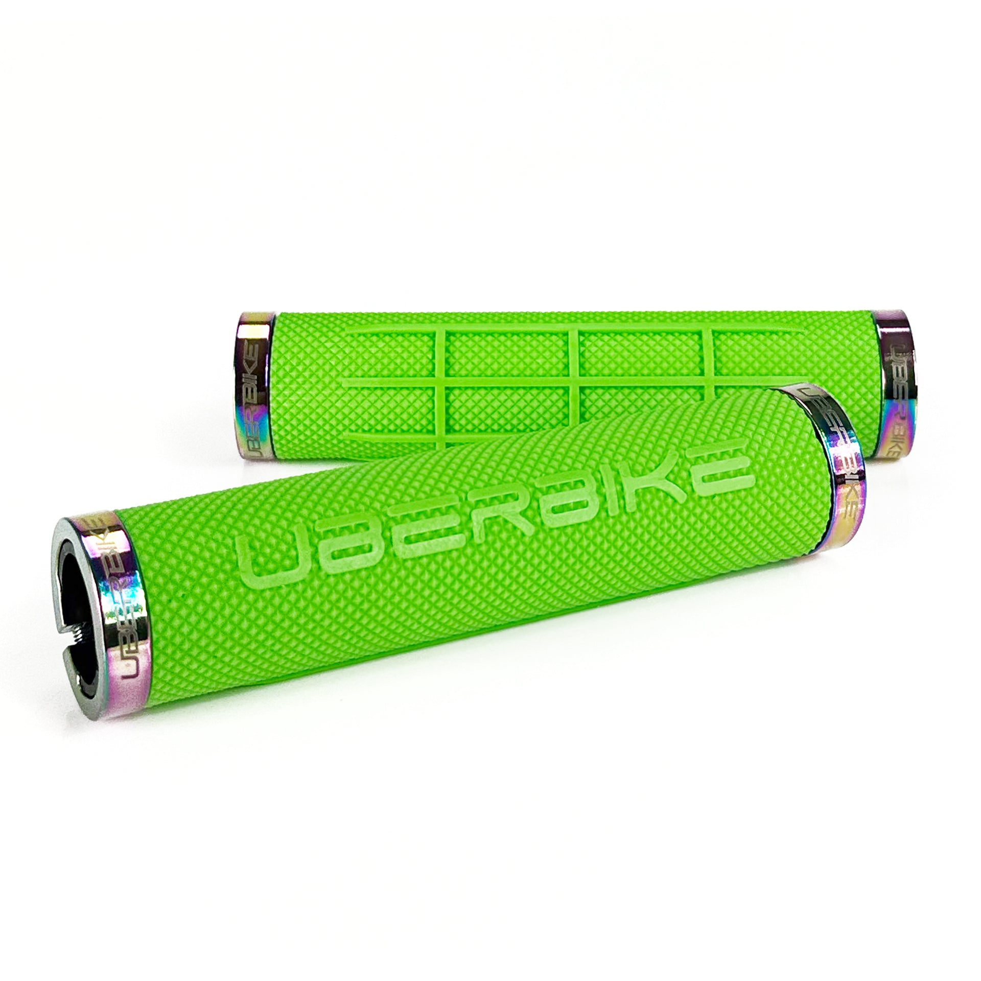 two green fat grip mountain  bike grips and oil slick lockrings on a white background
