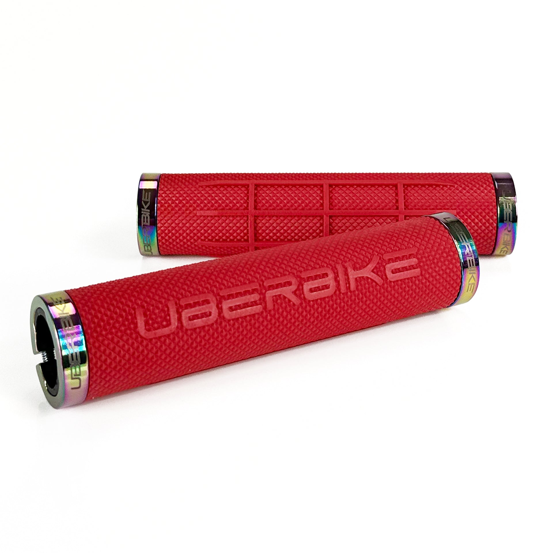 two red fat grip mountain  bike grips and oil slick lockrings on a white background