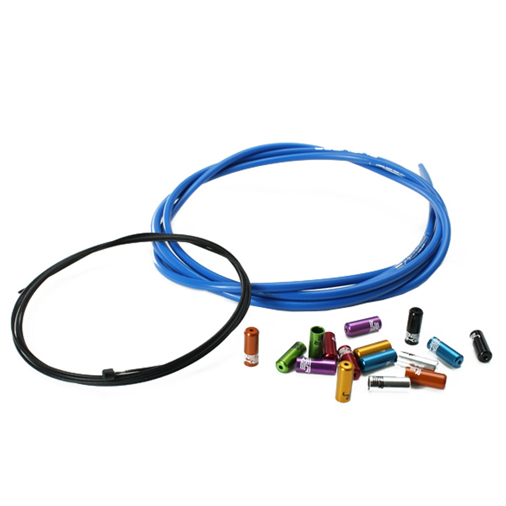 Blue gear cable with sealed ferrules and gear inner wire on a white background