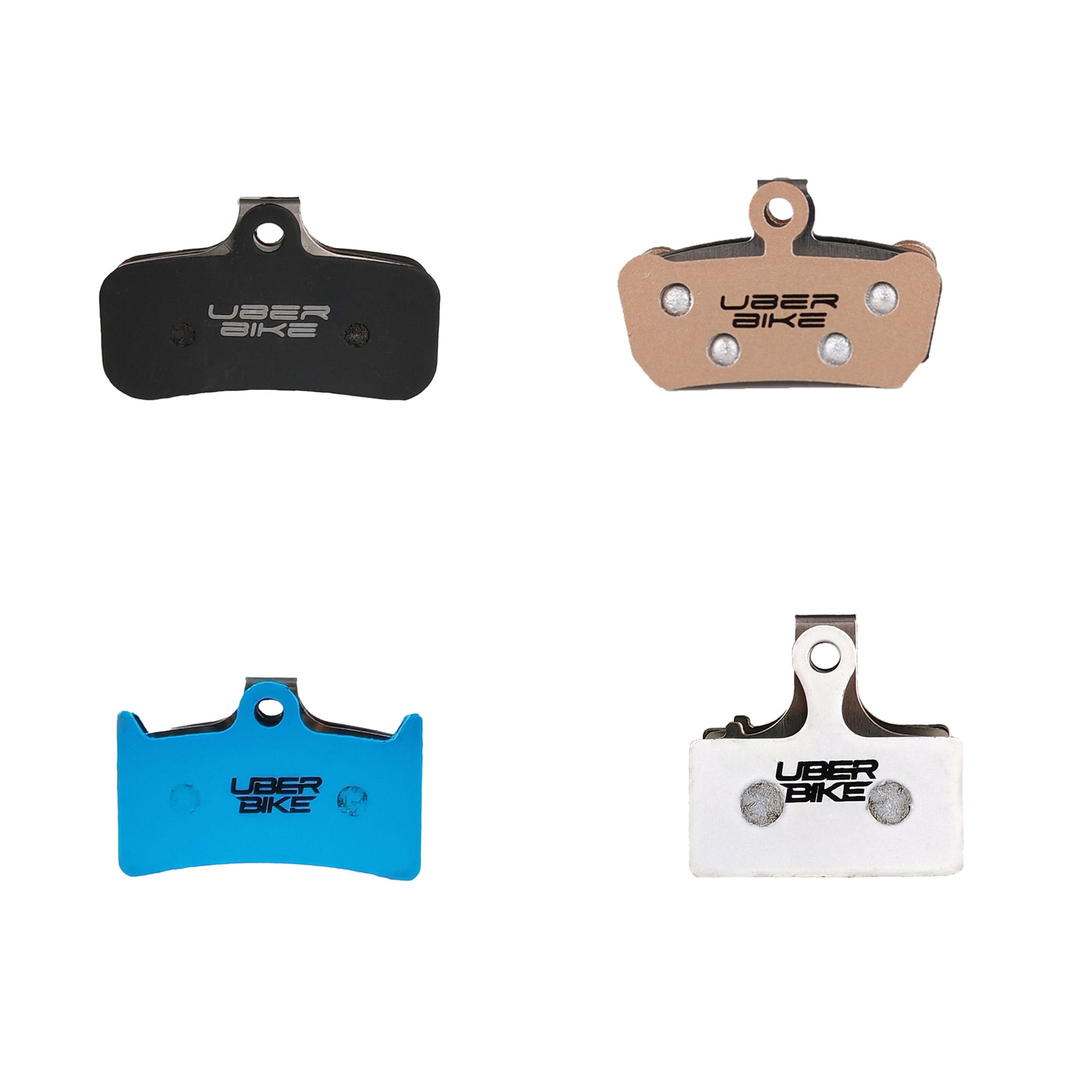 Four different types of UberBike disc brake pad inserts on a white background