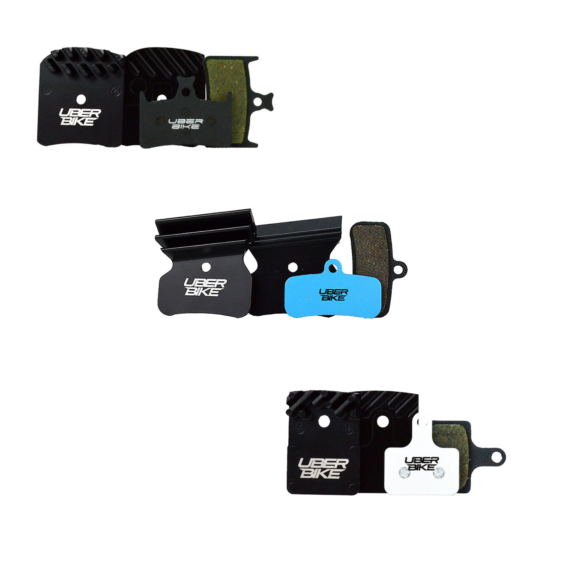A variety of finned disc brake pads with Uberbike branding on a white background