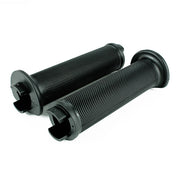 a pair of black flange bicycle grips on a white background