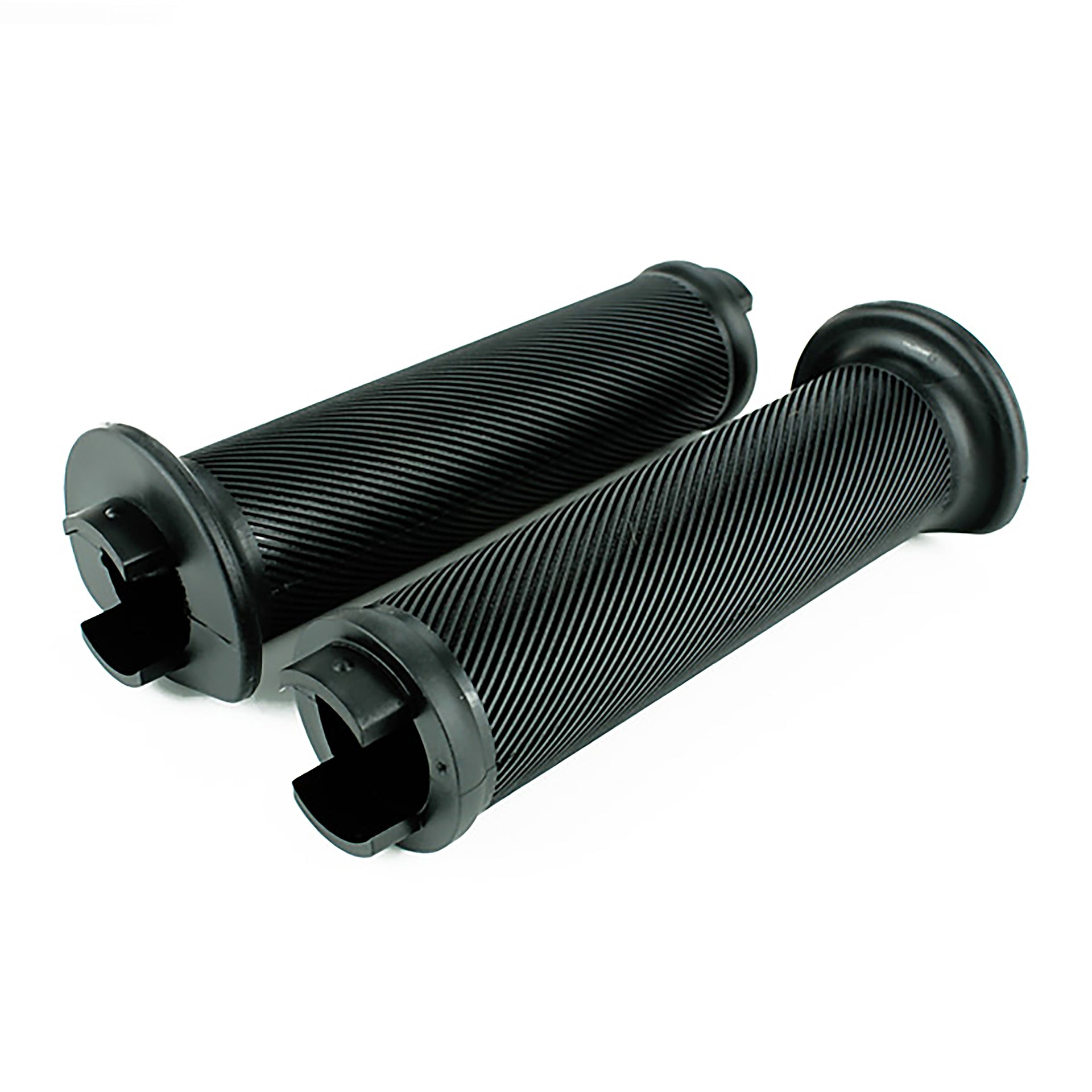 a pair of black flange bicycle grips on a white background