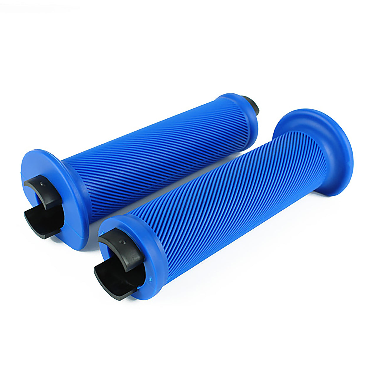 a pair of blue flange bicycle grips on a white background