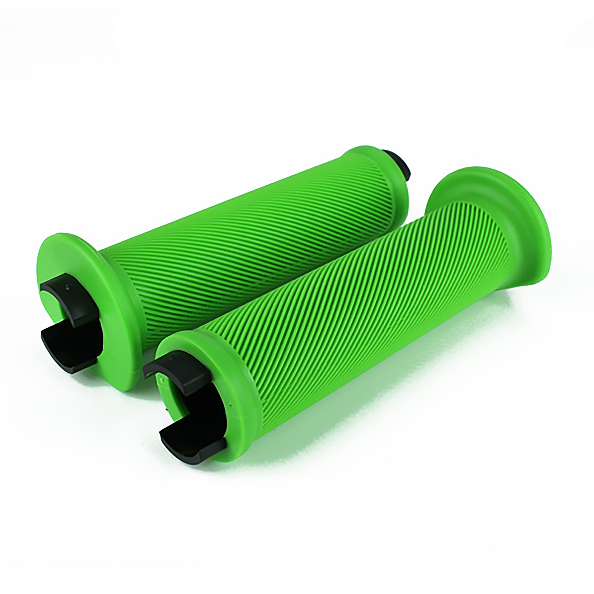 a pair of green flange bicycle grips on a white background