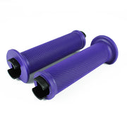a pair of purple flange bicycle grips on a white background