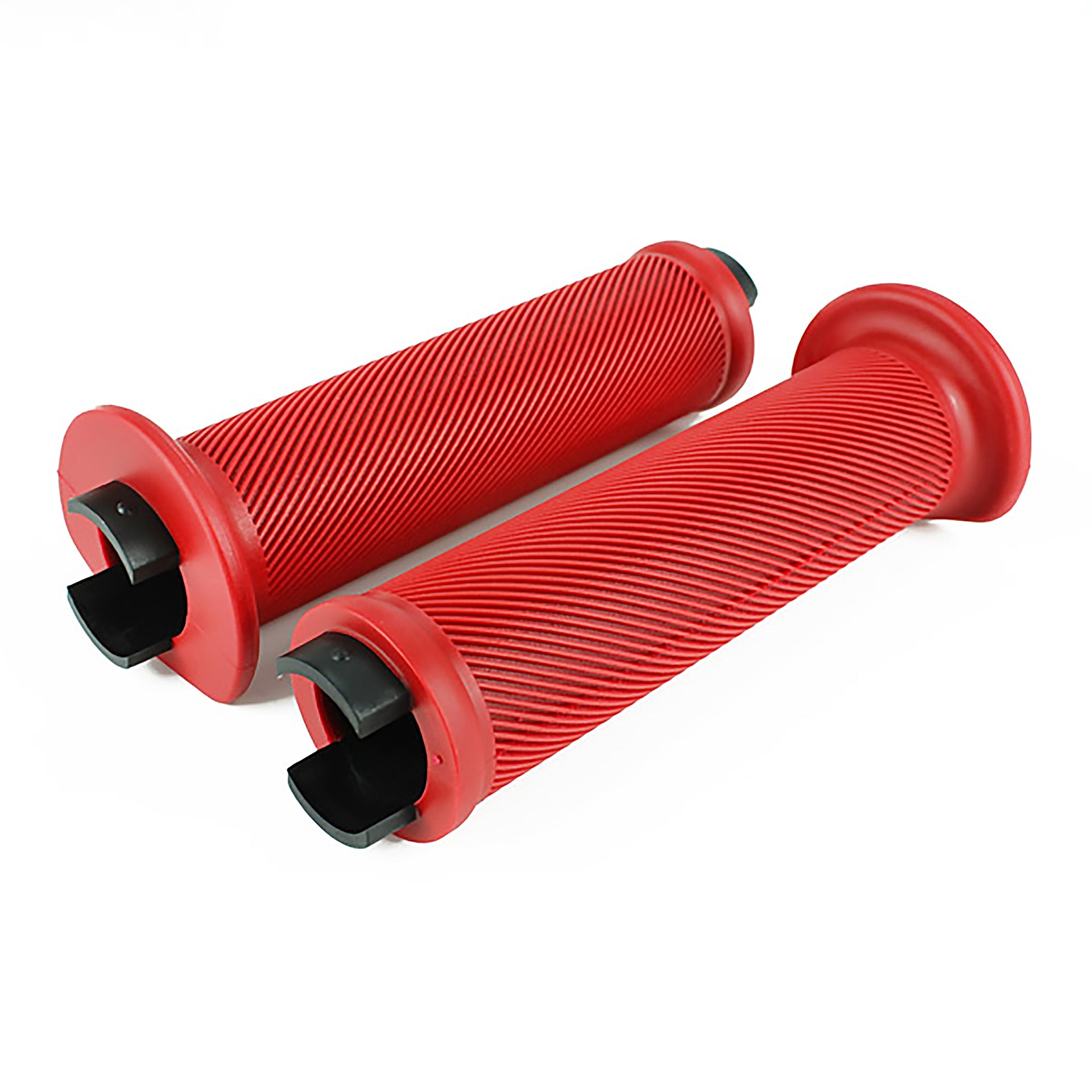 a pair of red flange bicycle grips on a white background