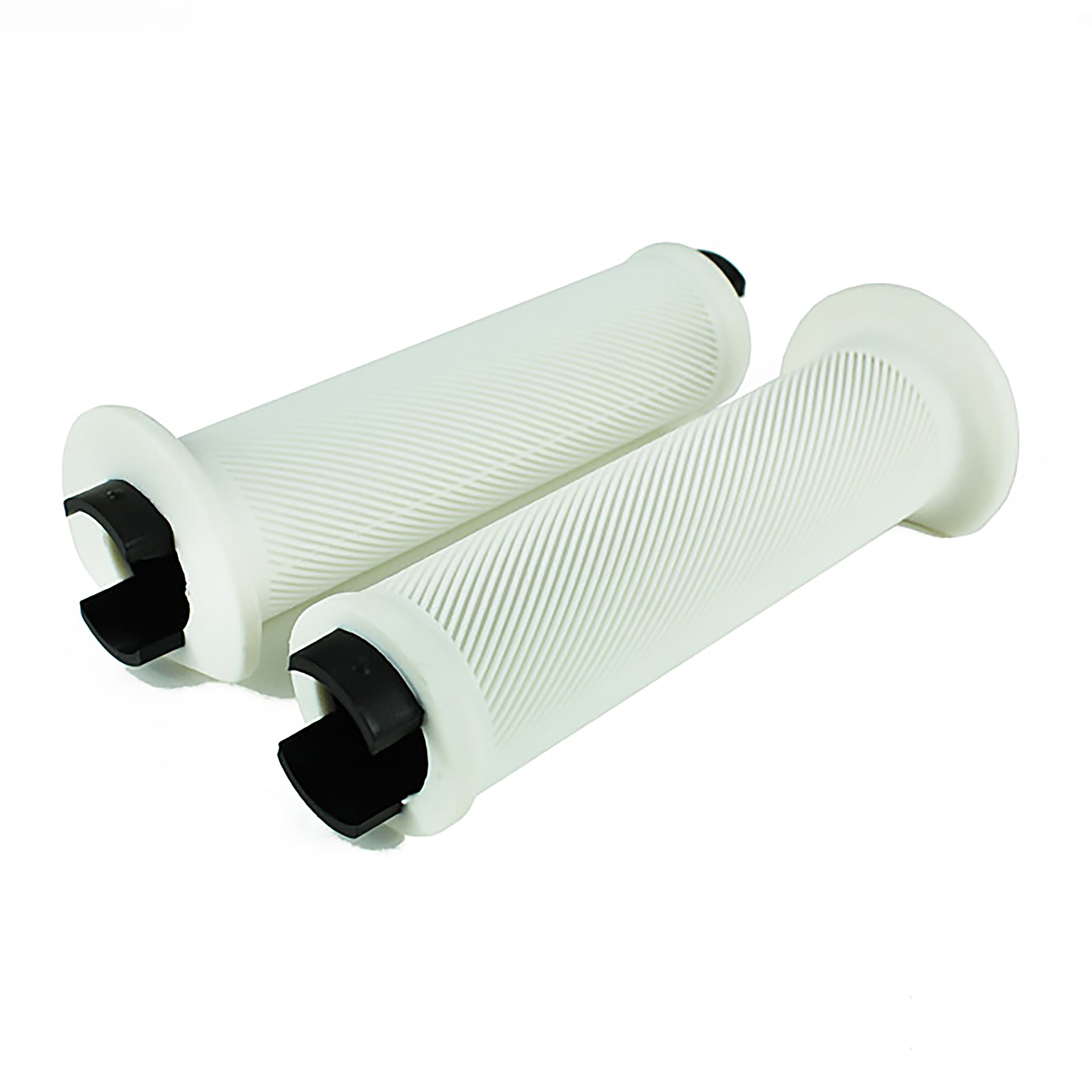 a pair of white flange bicycle grips on a white background