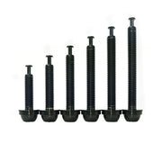 6 different black sized flatmount titanium bolts on a white background