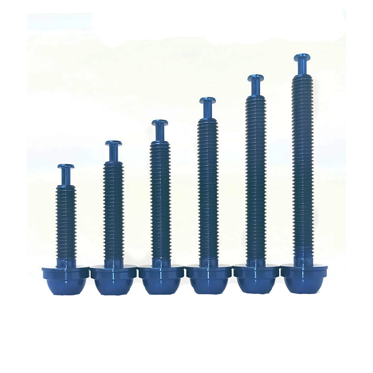 6 different blue sized flatmount titanium bolts on a white background