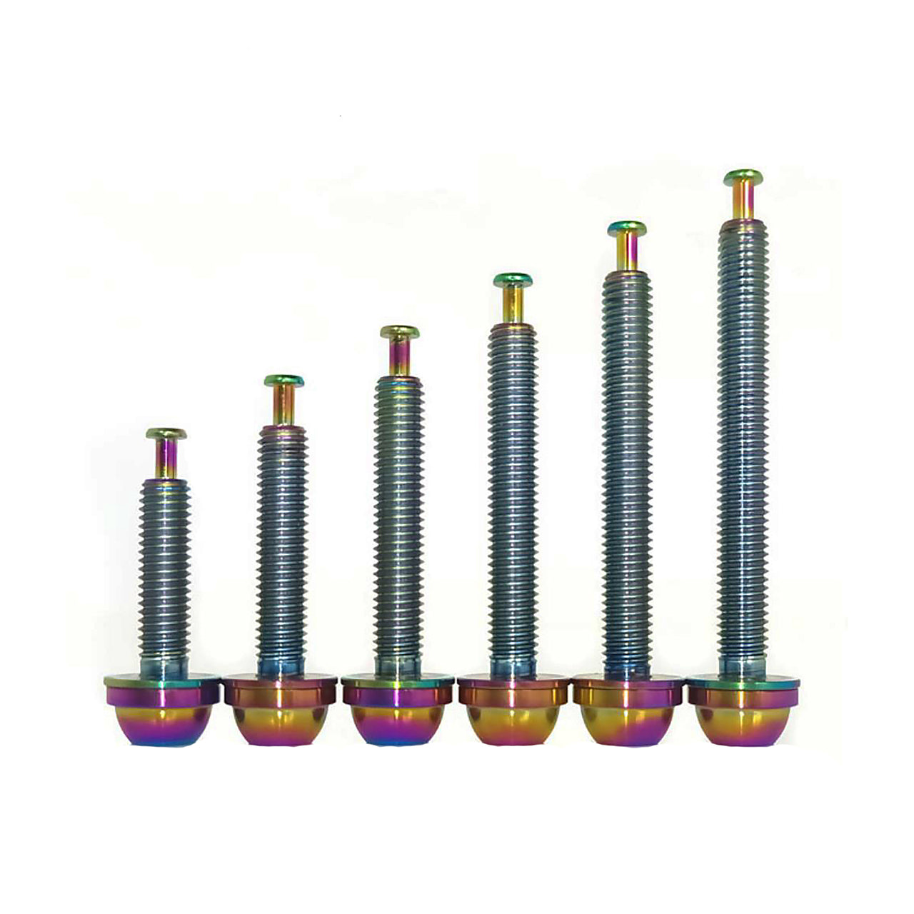 6 different oil slick sized flatmount titanium bolts on a white background