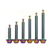 6 different oil slick sized flatmount titanium bolts on a white background