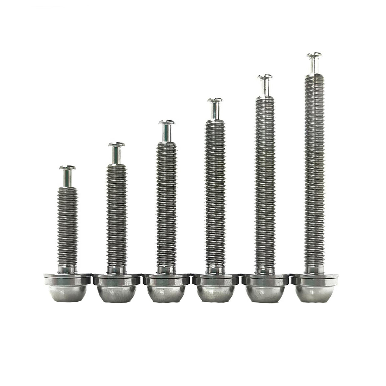 6 different raw sized flatmount titanium bolts on a white background