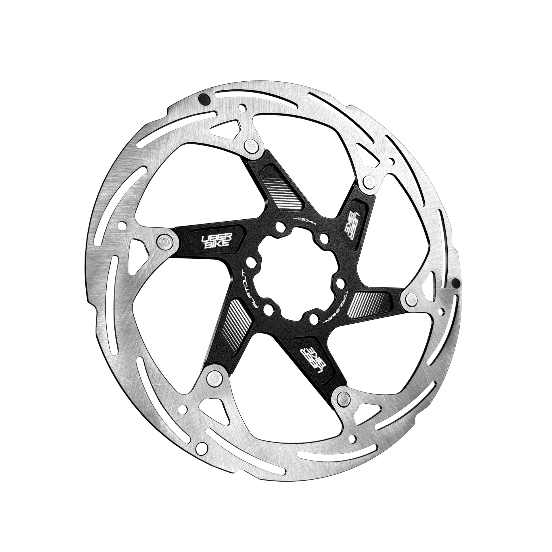 black 180mm disc brake rotor in a flatout design on a white background