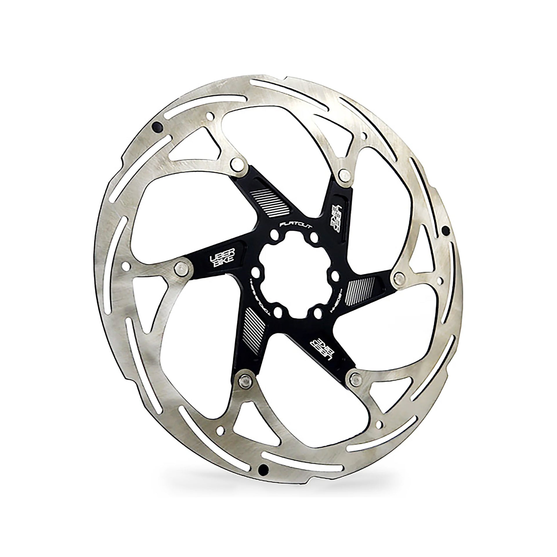 black 203mm disc brake rotor in a flatout design on a white background