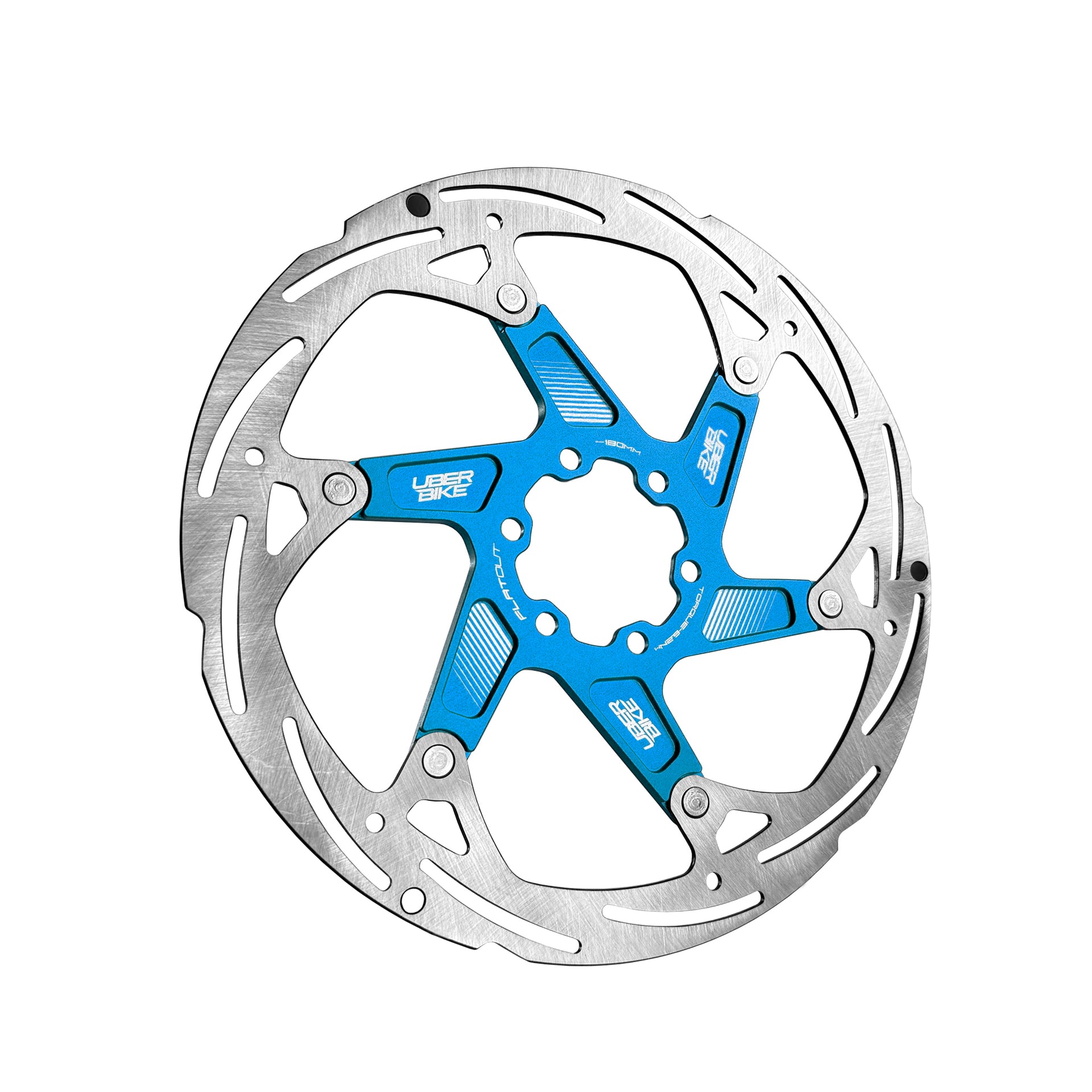 blue 180mm disc brake rotor in a flatout design on a white background