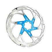 blue 203mm disc brake rotor in a flatout design on a white background