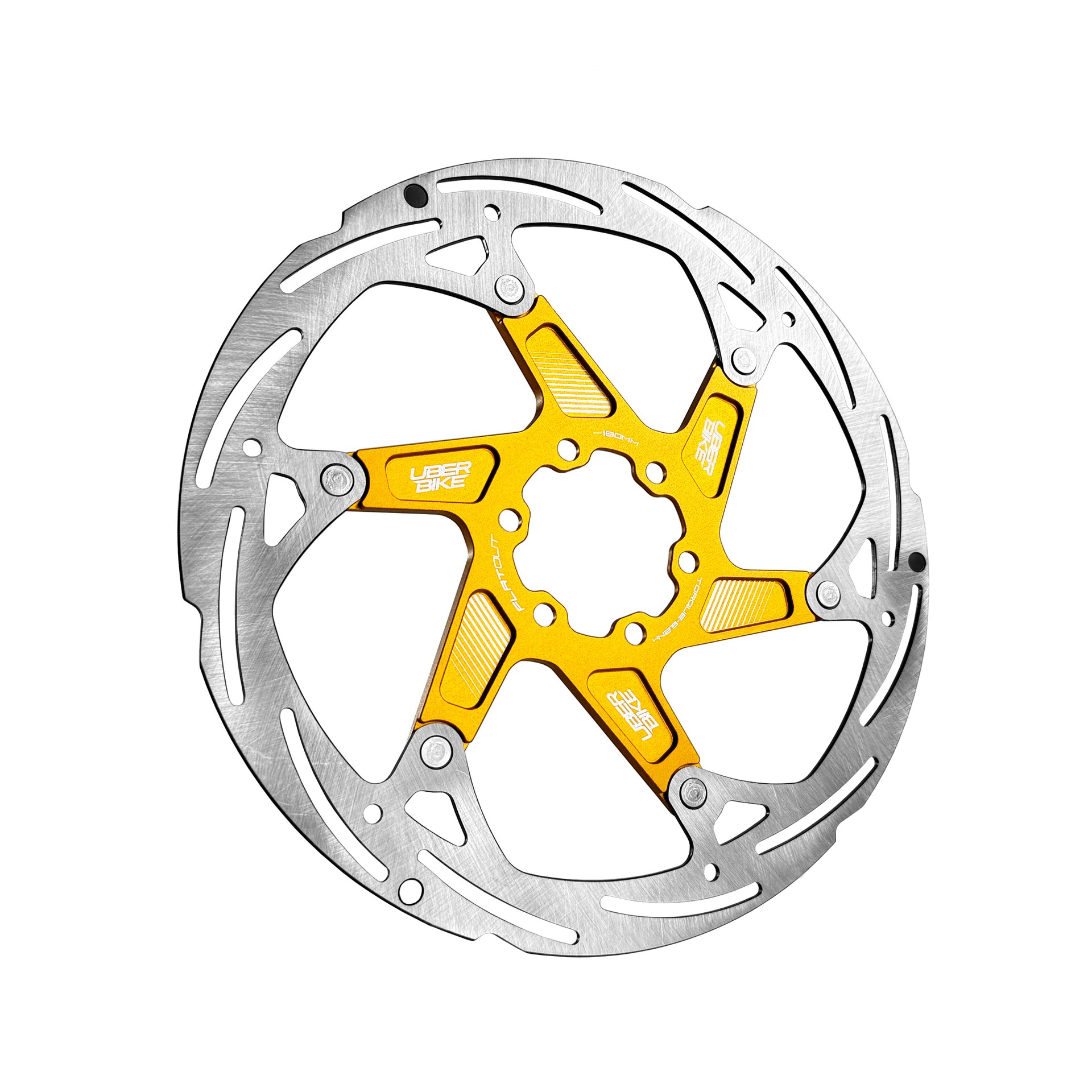 gold 180mm disc brake rotor in a flatout design on a white background