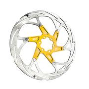 gold 203mm disc brake rotor in a flatout design on a white background