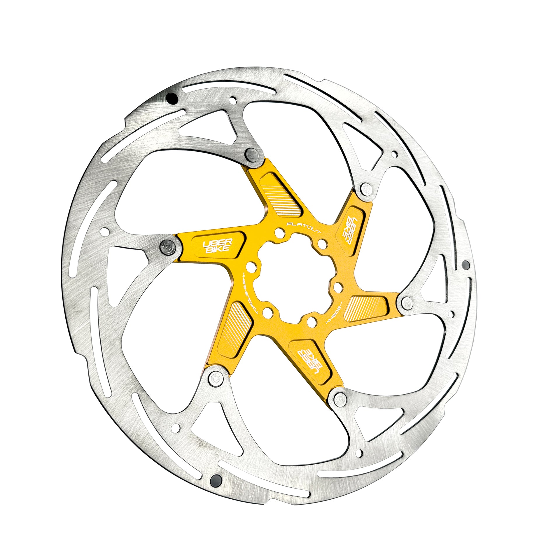 gold 203mm disc brake rotor in a flatout design on a white background