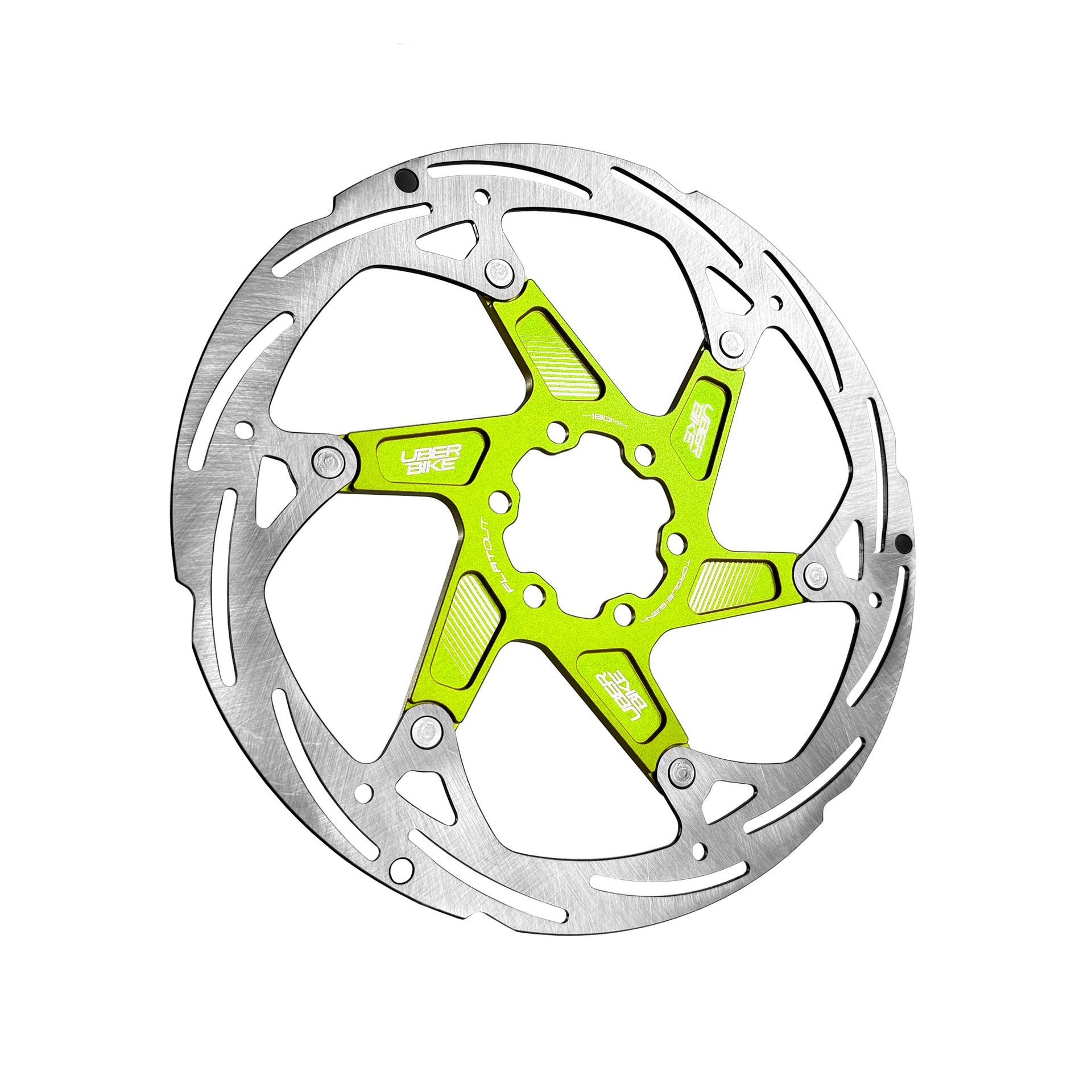 green 180mm disc brake rotor in a flatout design on a white background