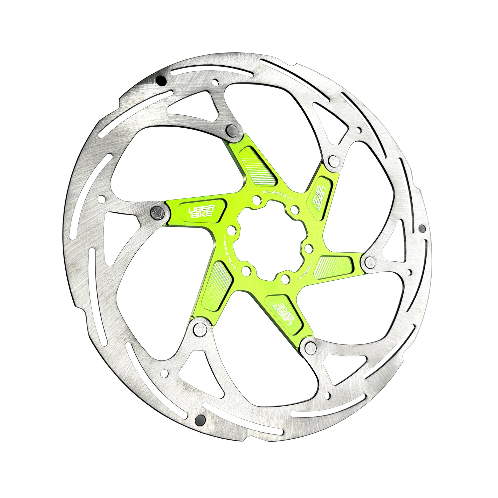 green 203mm disc brake rotor in a flatout design on a white background