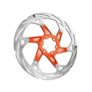orange 180mm disc brake rotor in a flatout design on a white background