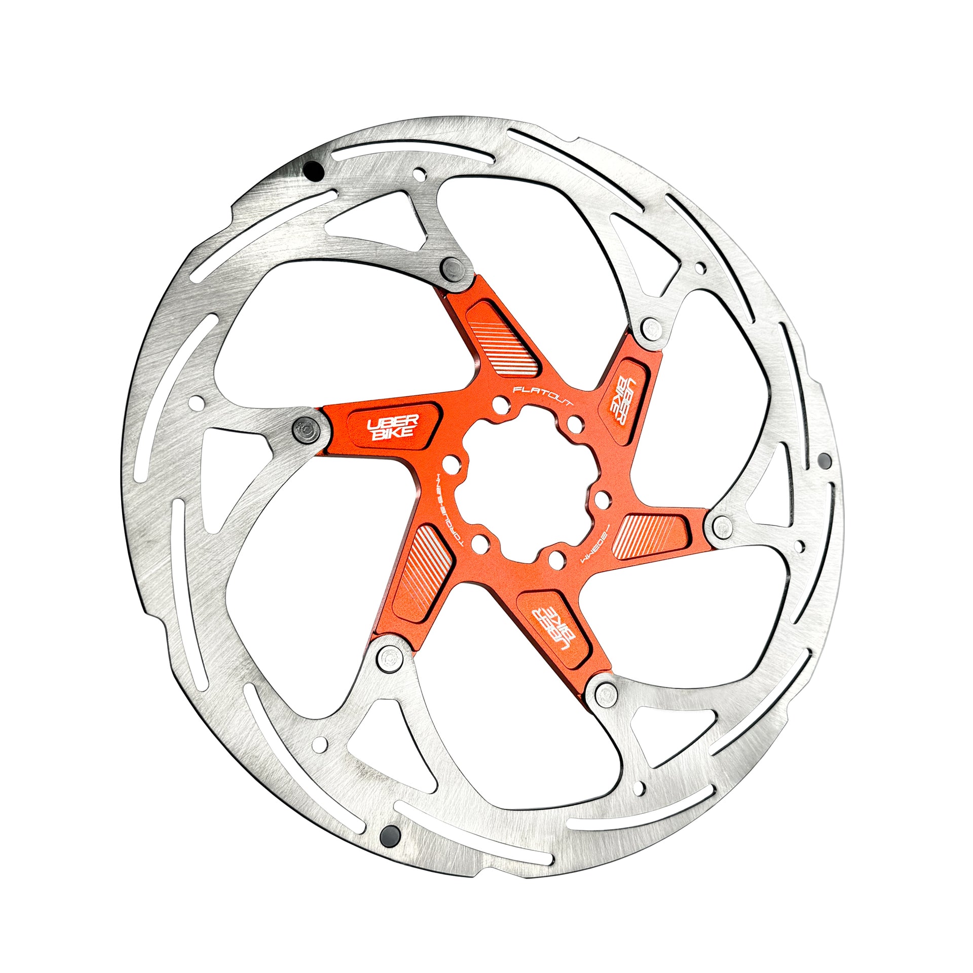 orange 203mm disc brake rotor in a flatout design on a white background