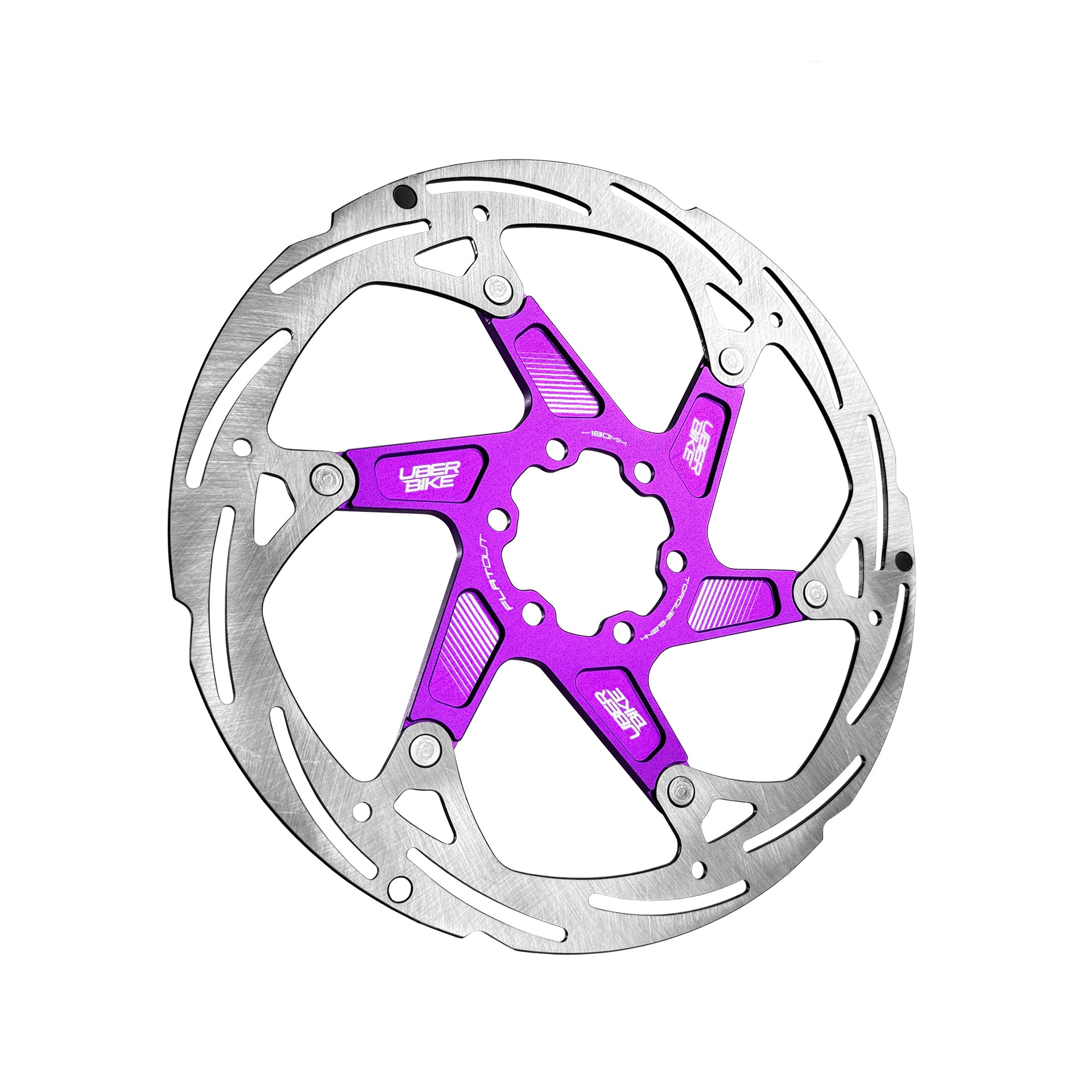 purple 180mm disc brake rotor in a flatout design on a white background