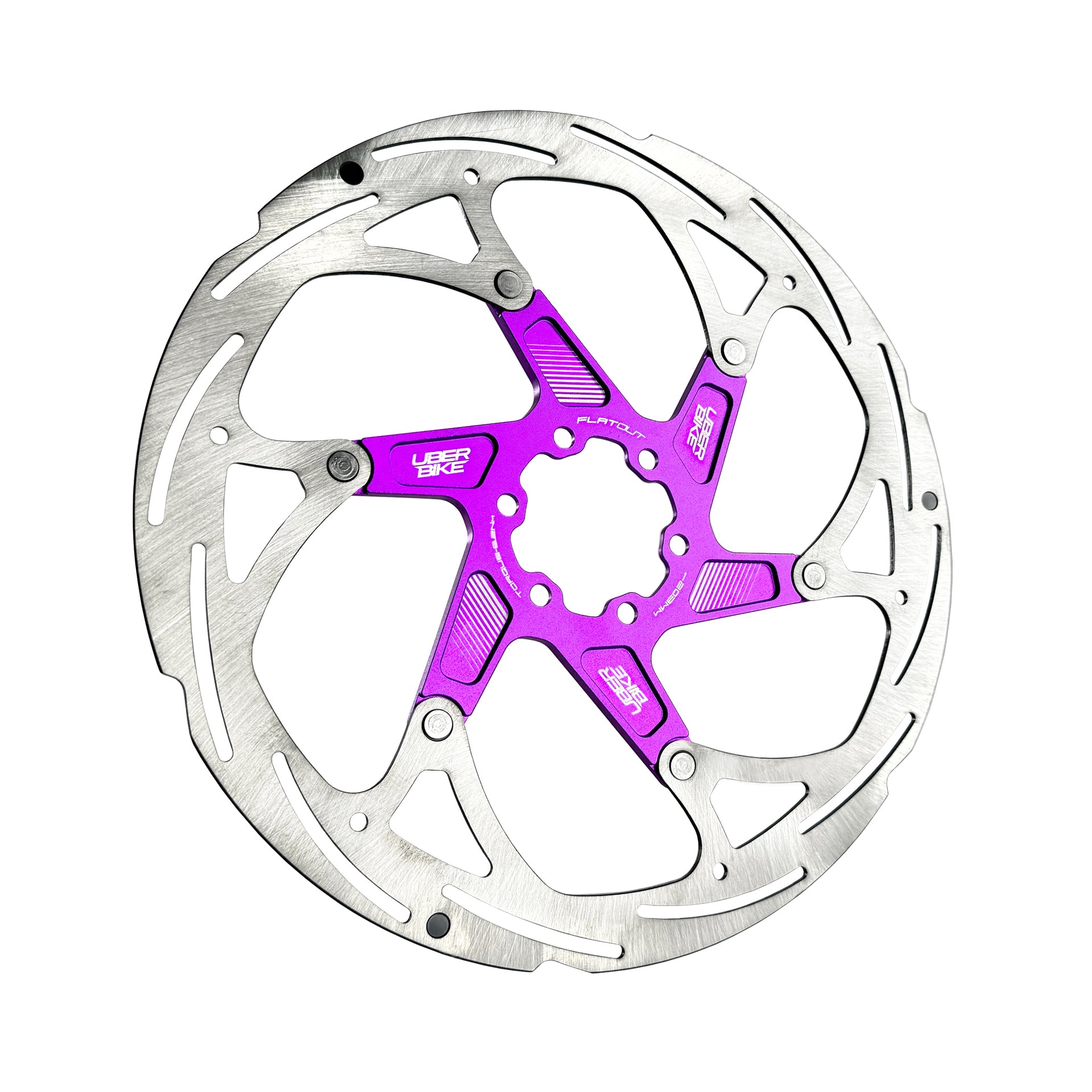 purple 203mm disc brake rotor in a flatout design on a white background