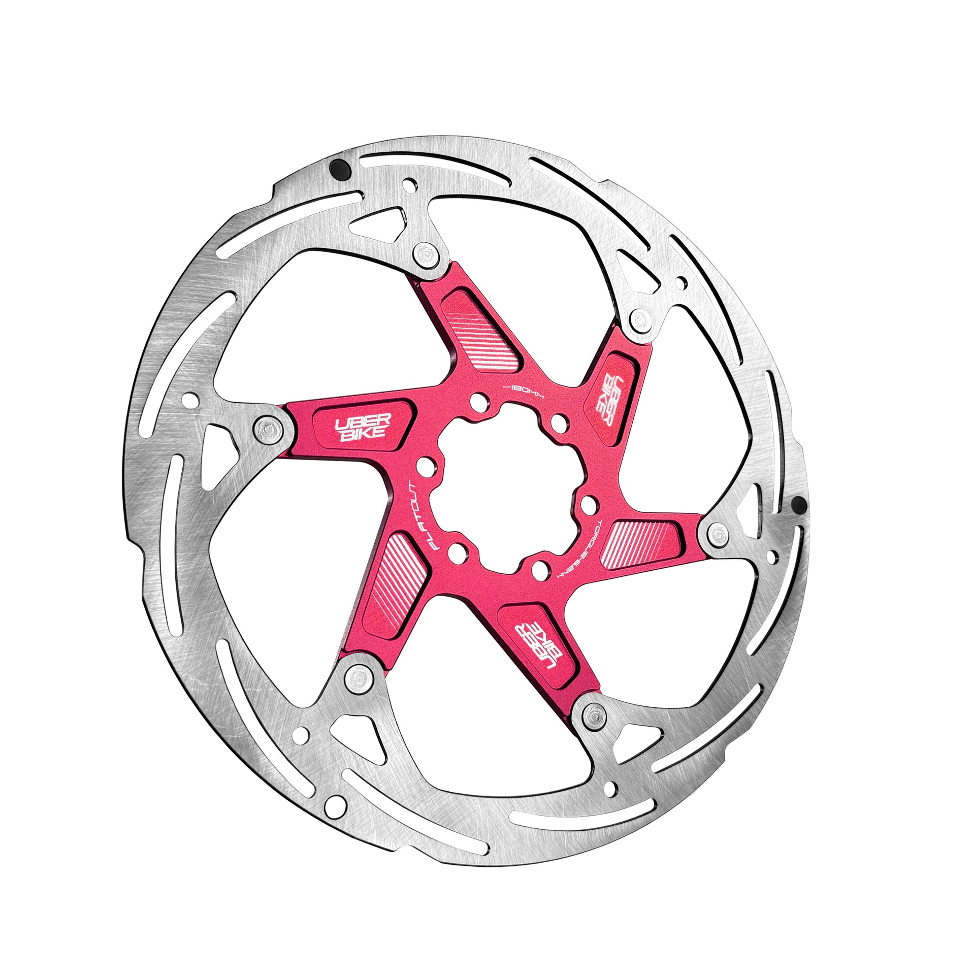 red 180mm disc brake rotor in a flatout design on a white background