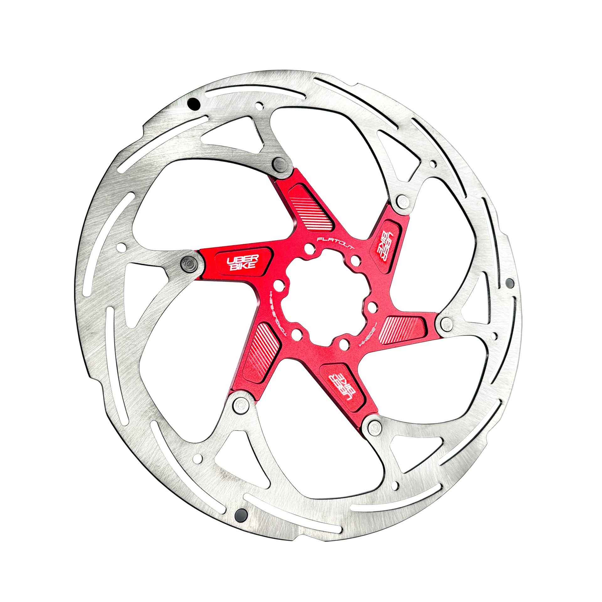 red 203mm disc brake rotor in a flatout design on a white background