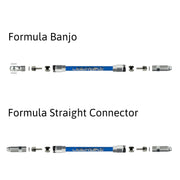 a diagram showing formula aluminium banjo and straight connector fittings for kevlar hydraulic hose on a white background