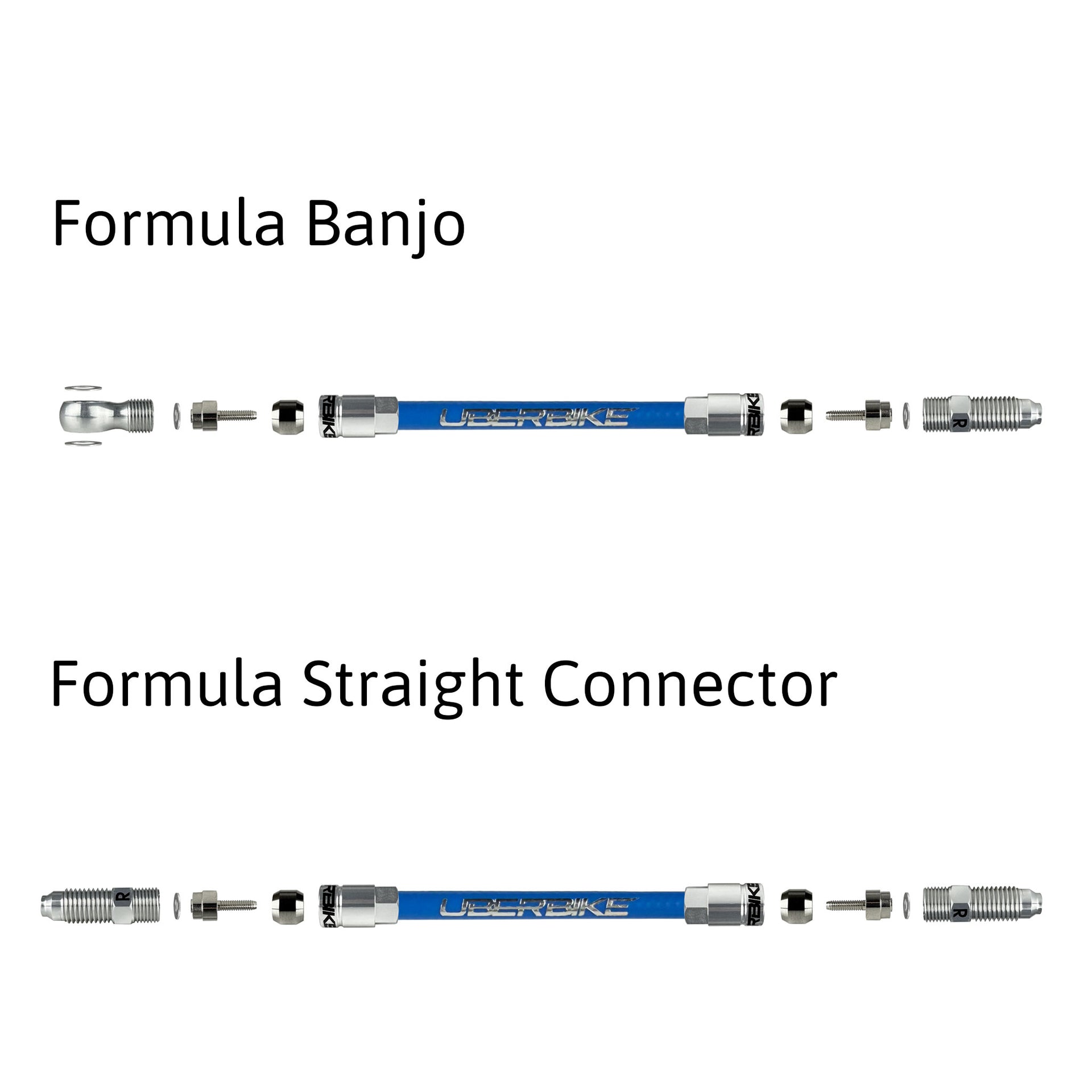 a diagram showing formula aluminium banjo and straight connector fittings for kevlar hydraulic hose on a white background