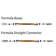 a diagram showing formula aluminium banjo and straight connector fittings for kevlar braid hydraulic hose on a white background