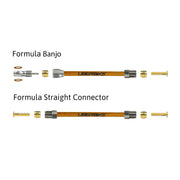 a diagram showing all the brake fittings for formula kevlar braid hydraulic brake hose kits on a white background